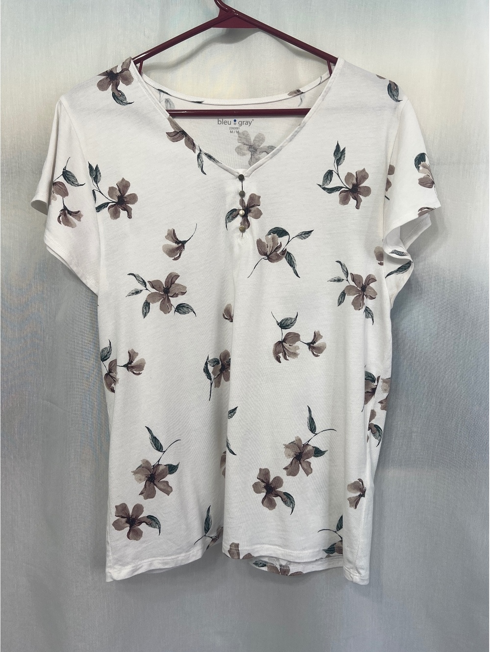 bleu gray Floral Print Short Sleeve Shirt Women's Medium